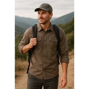 prAna Ascension Shirt Men’s M Brown Nylon Blend Snap Front Roll Tab Sleeve